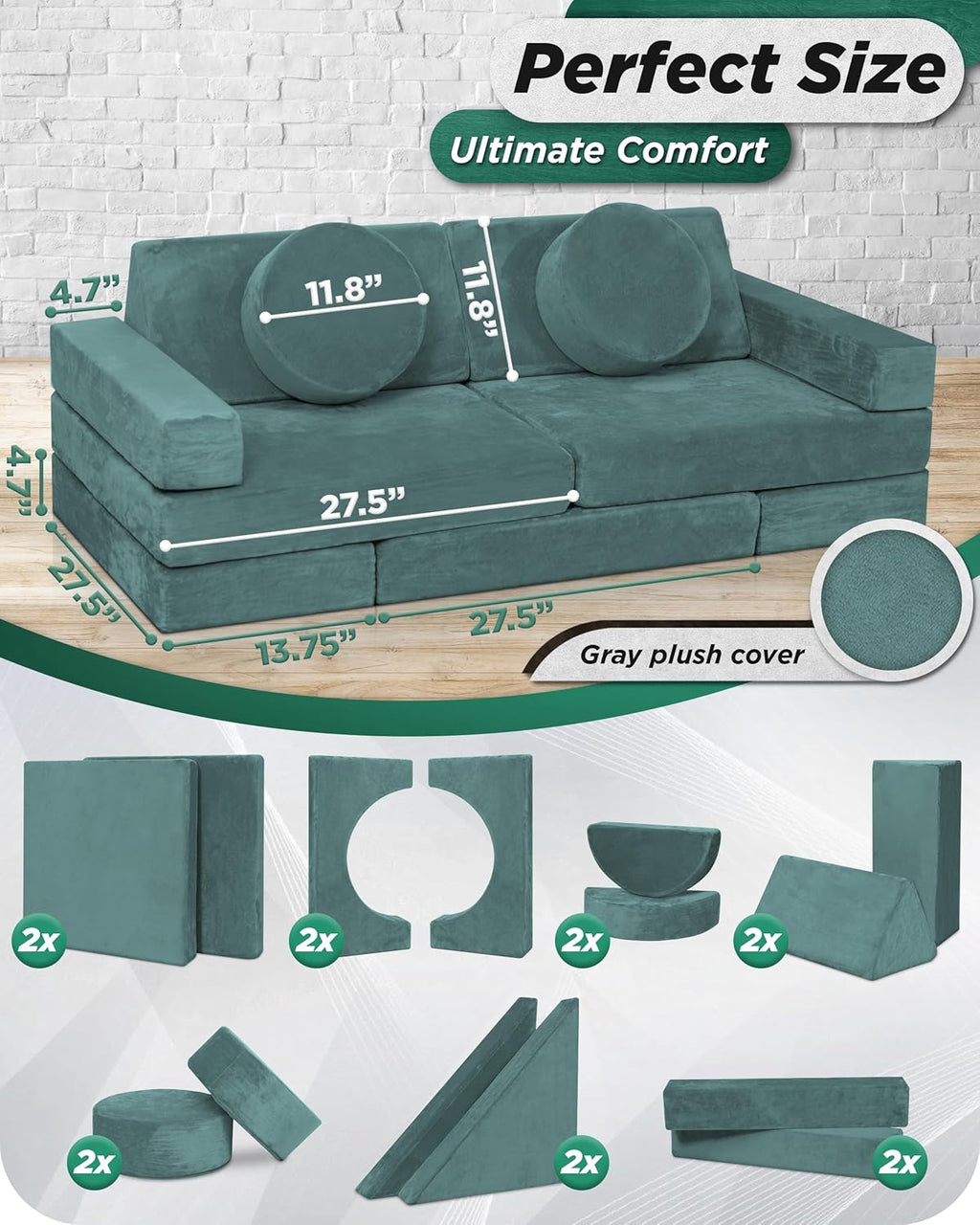 Lunix LX15 14pcs Modular Kids Play Couch, Design-Patent Child Sectional Sofa, Fort-Play Bedroom Playroom Furniture for Toddlers, Convertible Foam, Washable Covers, Oeko-TEX & CertiPUR-US, Sage Teal