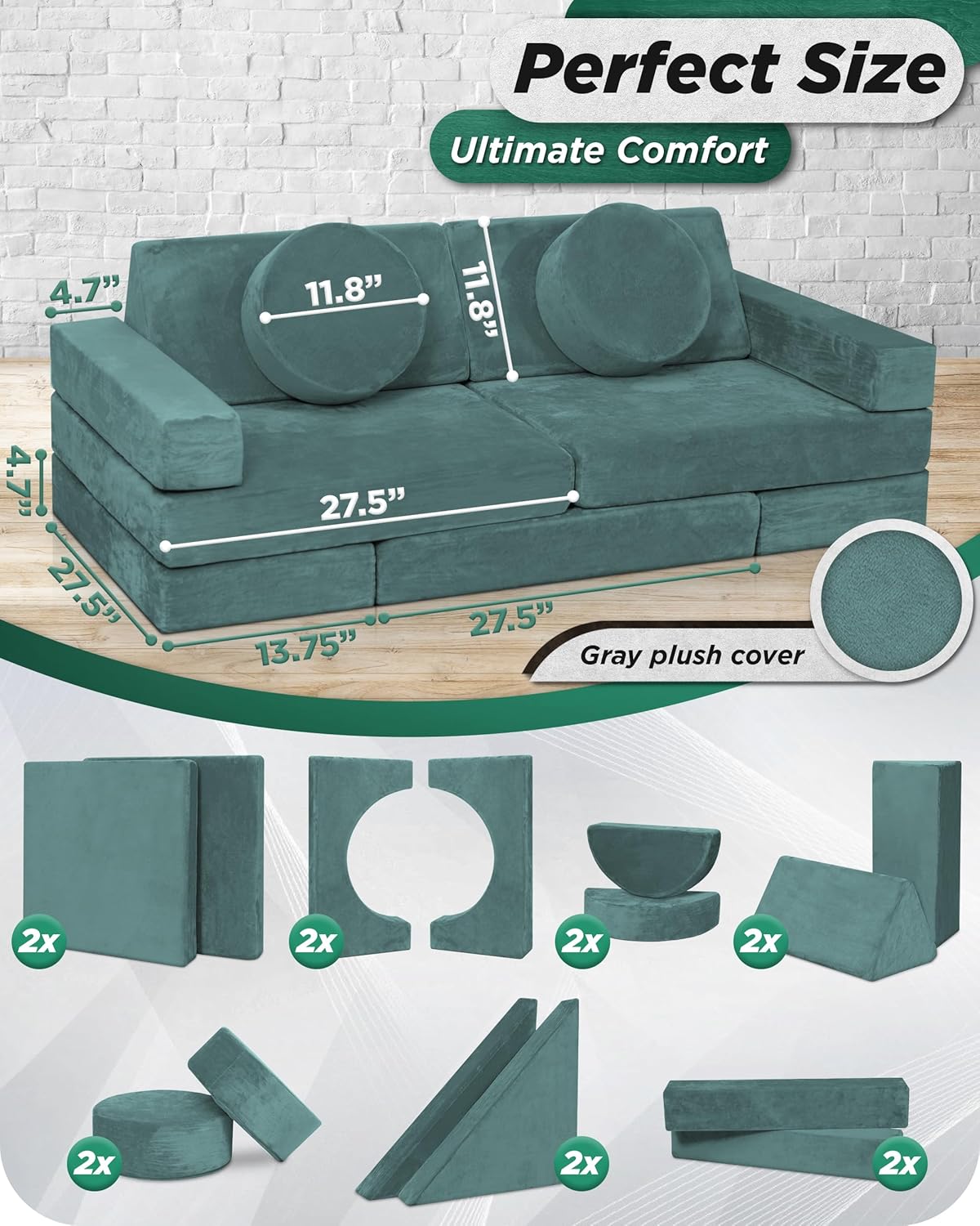 Lunix LX15 14pcs Modular Kids Play Couch, Design-Patent Child Sectional Sofa, Fort-Play Bedroom Playroom Furniture for Toddlers, Convertible Foam, Washable Covers, Oeko-TEX & CertiPUR-US, Sage Teal