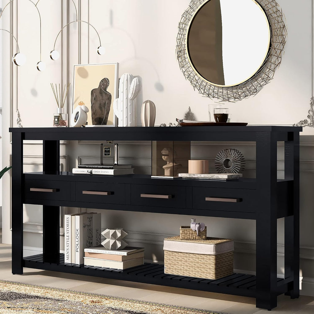 Modern Console Table Long Narrow 62-Inch Sofa Entry Table with Drawers & Open Shelves for Living Room Entryway, Easy Assembly(Black)