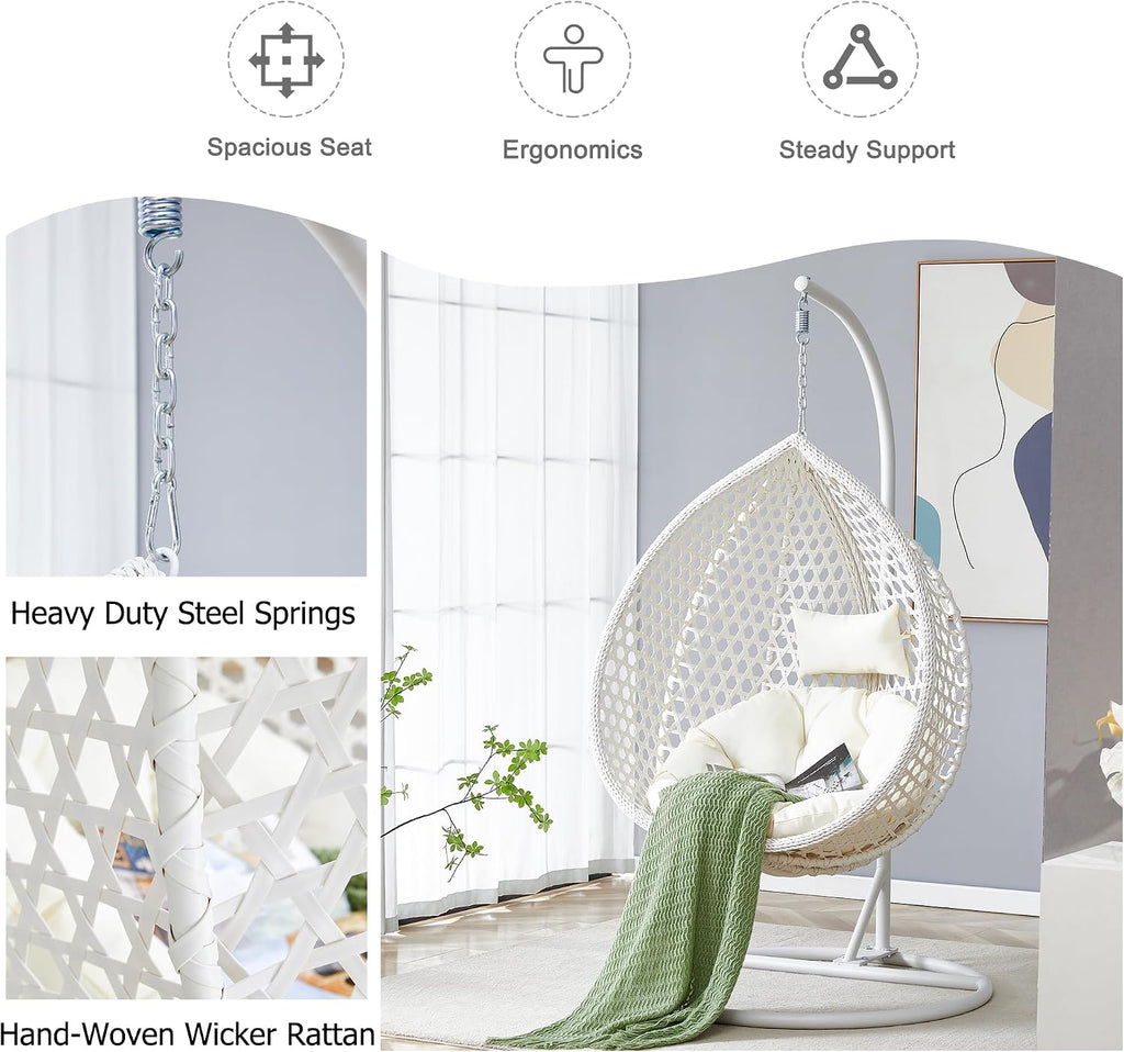 Egg Chair Indoor Outdoor, Hanging Chair for Bedroom, Swing Chair Hammock with Stand & Cushions, Comfy Swinging Adult Reading for Patio Balcony Backyard, Heavy Duty 350LBS, White