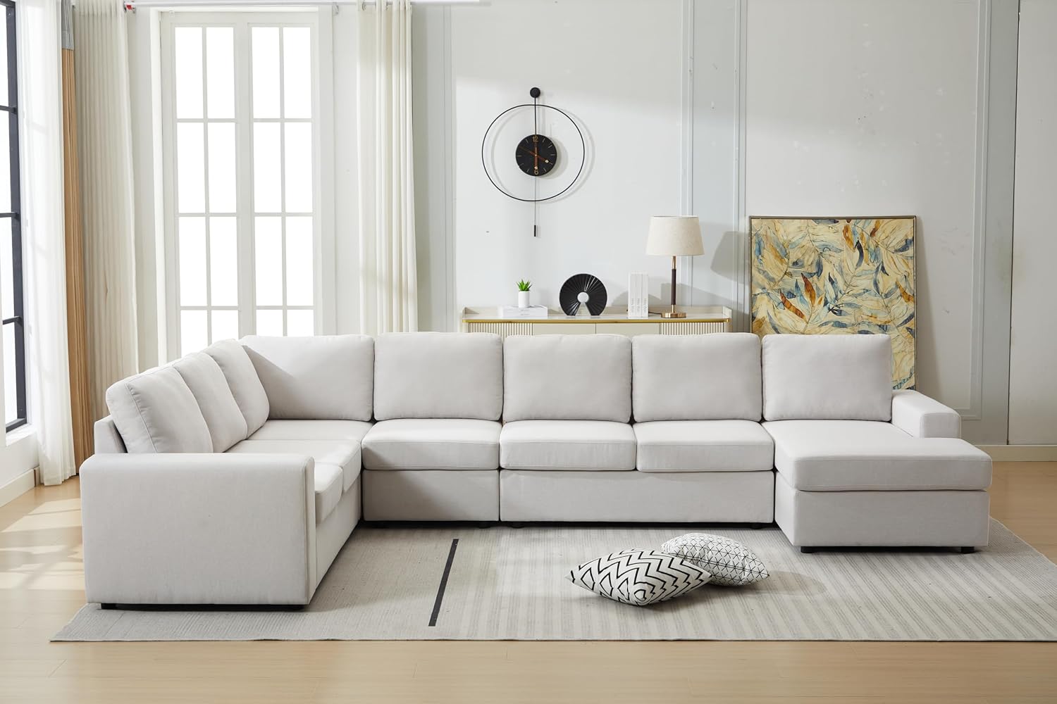 Ball & Cast 147' L-Shaped Sectional Couch for Living Room with Reversible Chaise & Removable Back Cushions,7 Seat Linen Upholstered Convertible Sectional Sofa Set,DIY Combination,for Home,Office,Beige