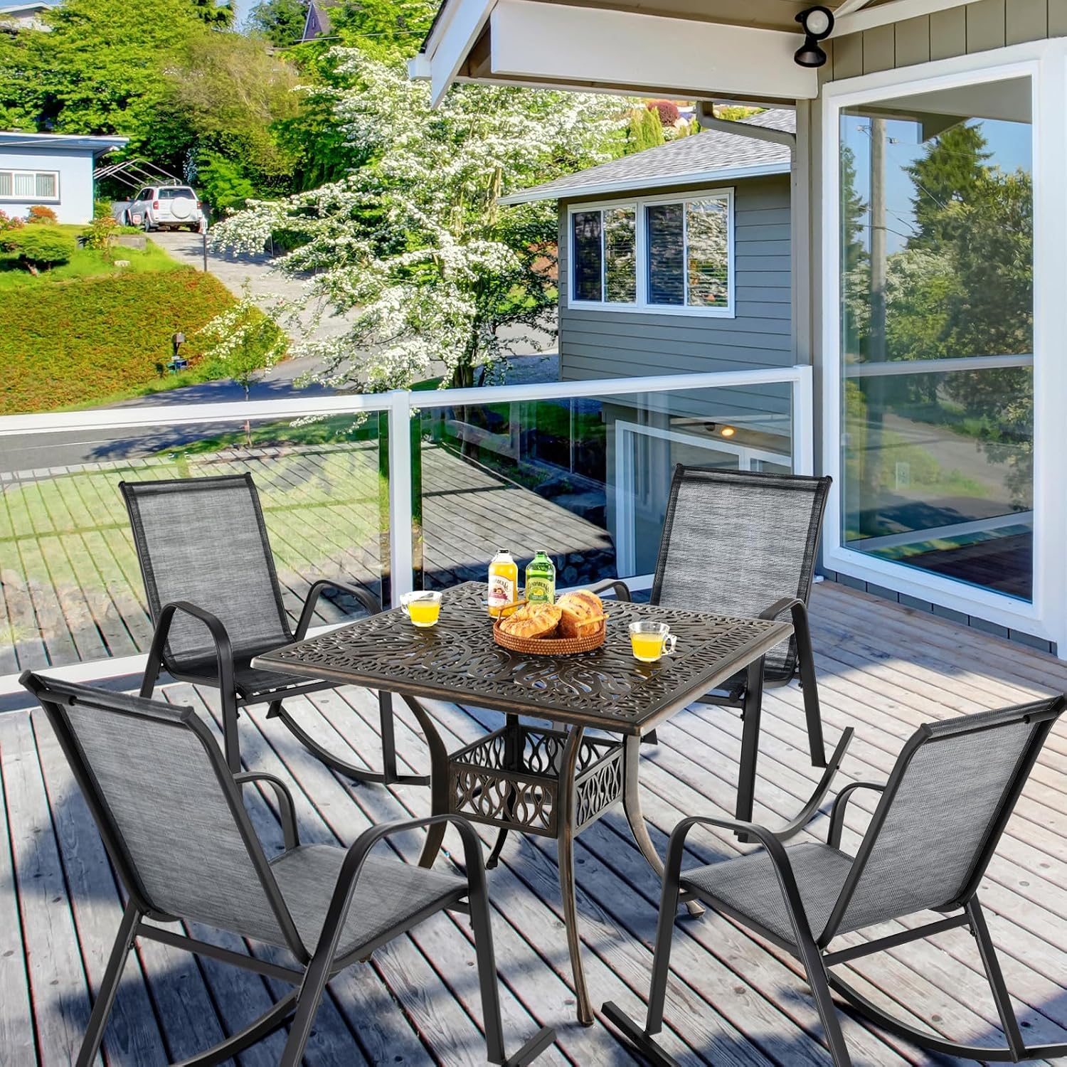Tangkula Patio Rocking Chair Set of 4, Outdoor Ergonomic Rockers with Breathable Fabric Seat, Gentle Rocking Function, Sturdy Metal Rocker for Front Porch, Backyard, Garden