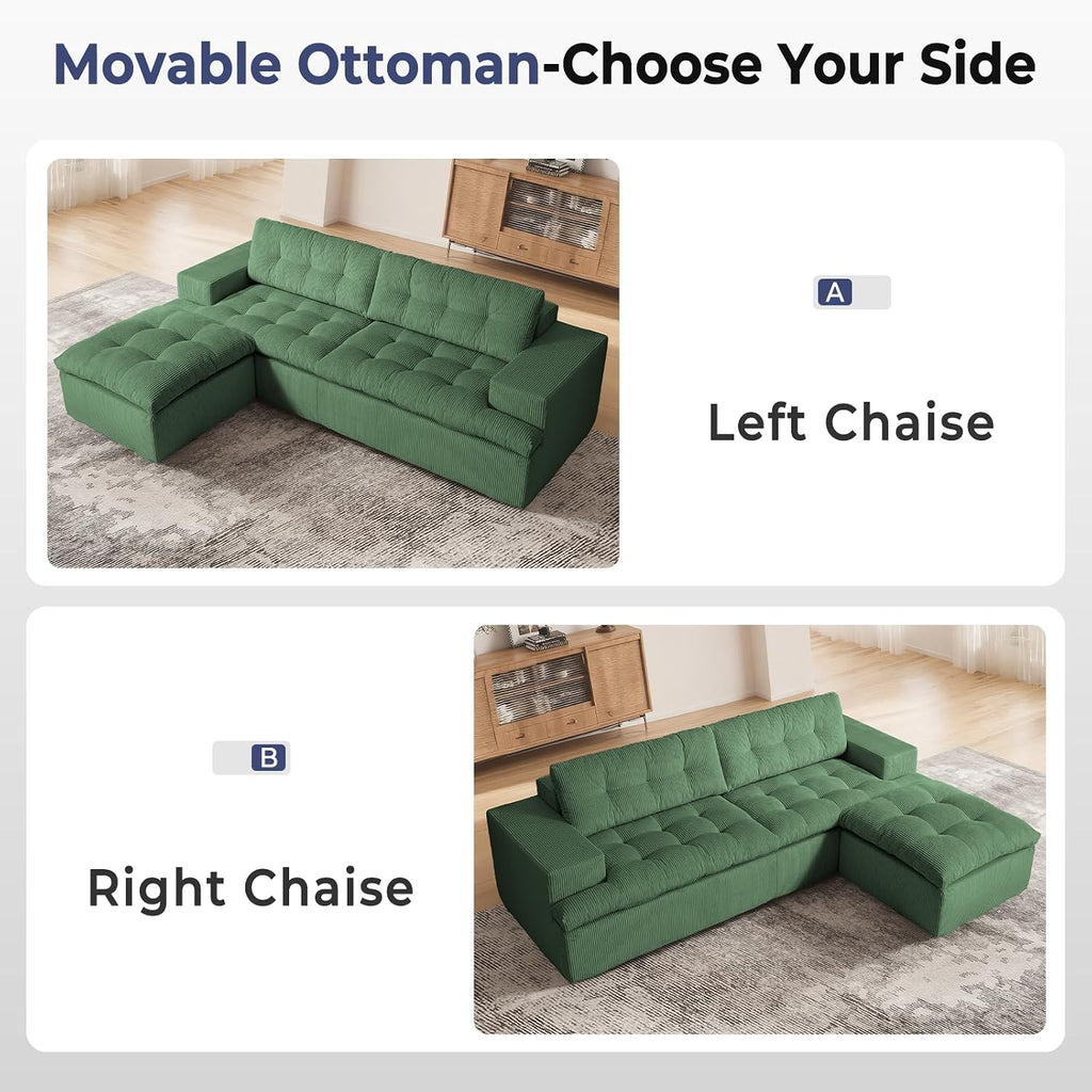 Cloud Sectional Boneless Sofa with Ottoman, Modular L Shaped Couch with Layered Cushion, Fluffy Comfy Couches for Living Room, No Assembly, Green