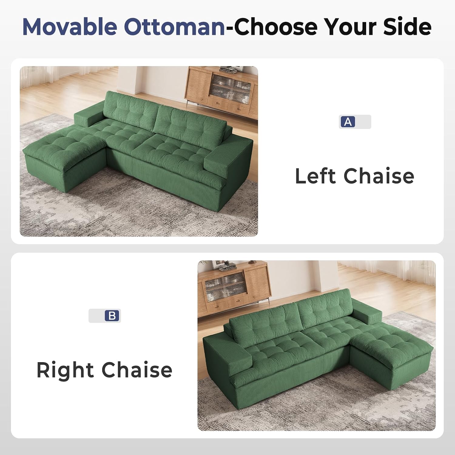Cloud Sectional Boneless Sofa with Ottoman, Modular L Shaped Couch with Layered Cushion, Fluffy Comfy Couches for Living Room, No Assembly, Green