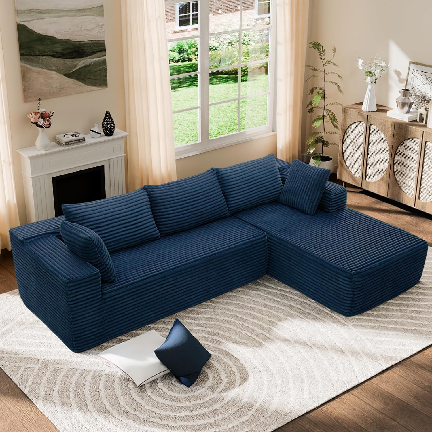 Modern Cloud Modular Sectional Sofa with Chaise, 106' L-Shaped Sofa Couch for Living Room, Deep Seat Plush Boneless Couches, Includes Pillows, Left Chaise, Blue
