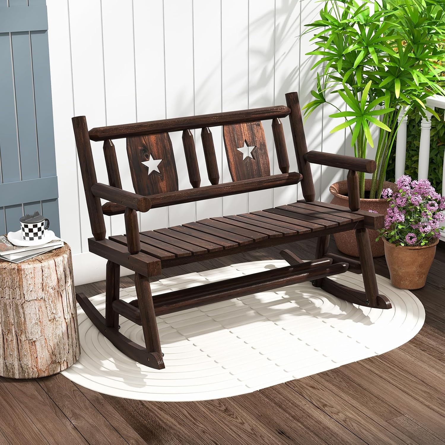 HAPPYGRILL Outdoor Wood Rocking Bench Carbonized Double Rocking Chair for 2 Persons with Wide Curved Seat, Porch Rocker for Porch, Garden, Backyard, 710LBS Capacity