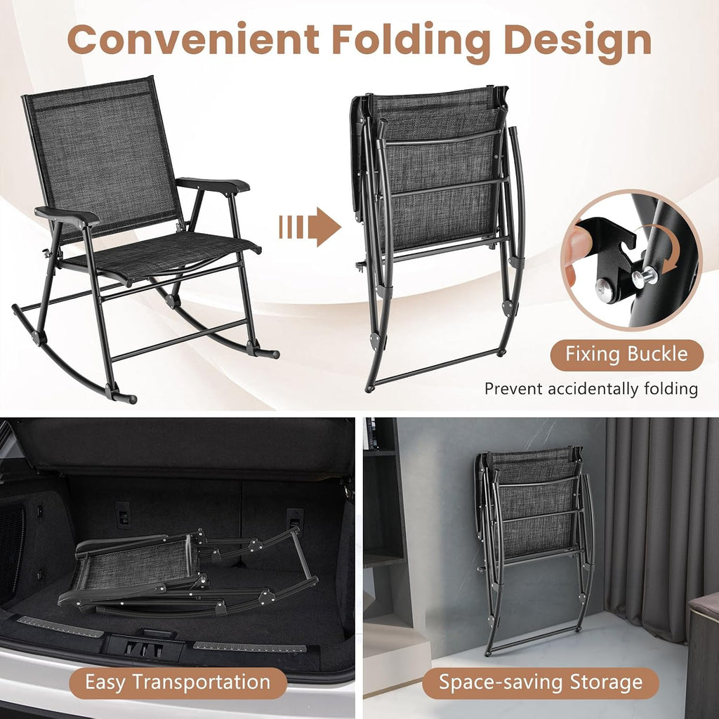Tangkula Folding Rocking Chairs Set of 2, Patio Rockers with Breathable Seat Fabric & Sturdy Metal Frame, Smooth Rocking Motion, Heavy-Duty Outdoor Rocker for Backyard, Front Porch, Poolside