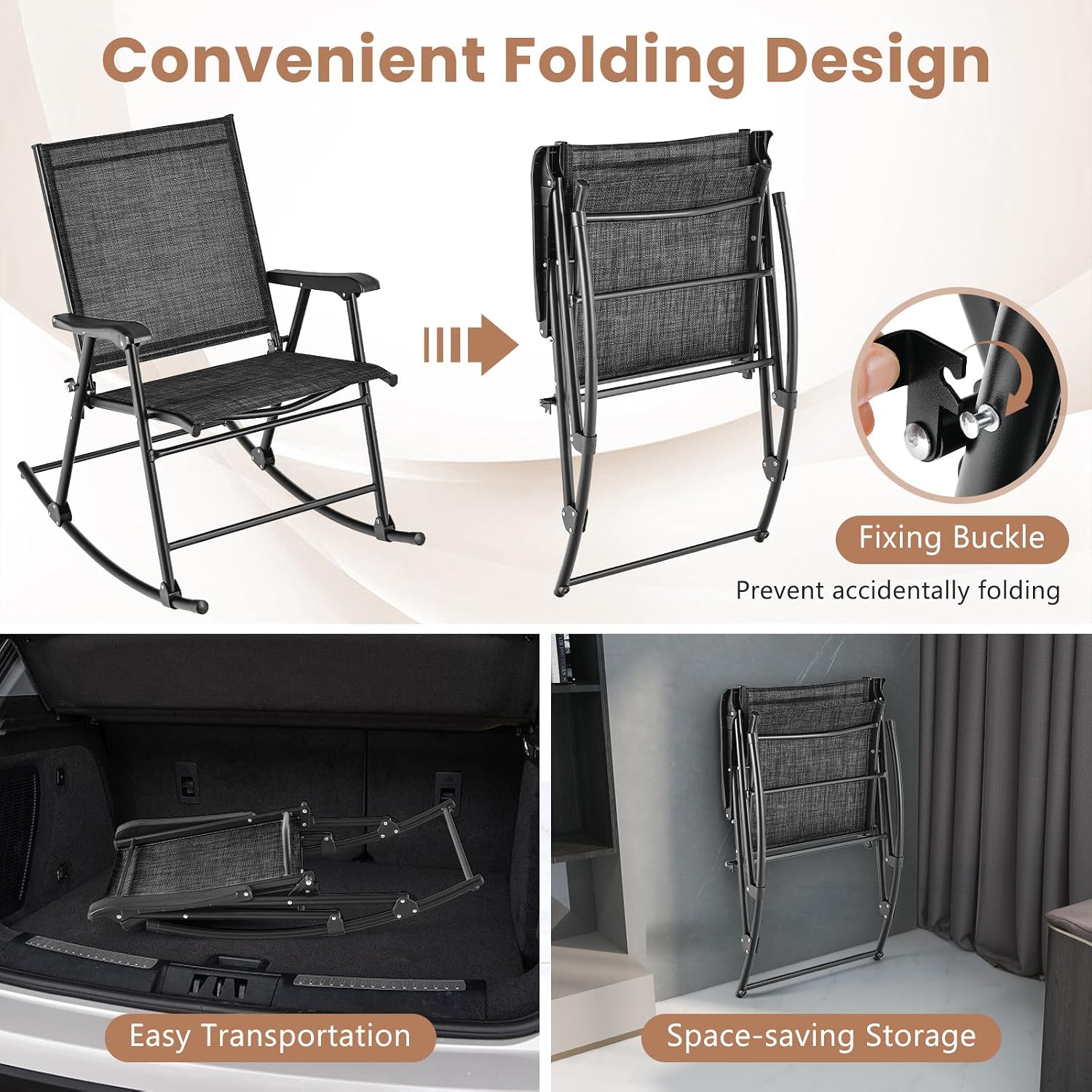 Tangkula Folding Rocking Chairs Set of 2, Patio Rockers with Breathable Seat Fabric & Sturdy Metal Frame, Smooth Rocking Motion, Heavy-Duty Outdoor Rocker for Backyard, Front Porch, Poolside