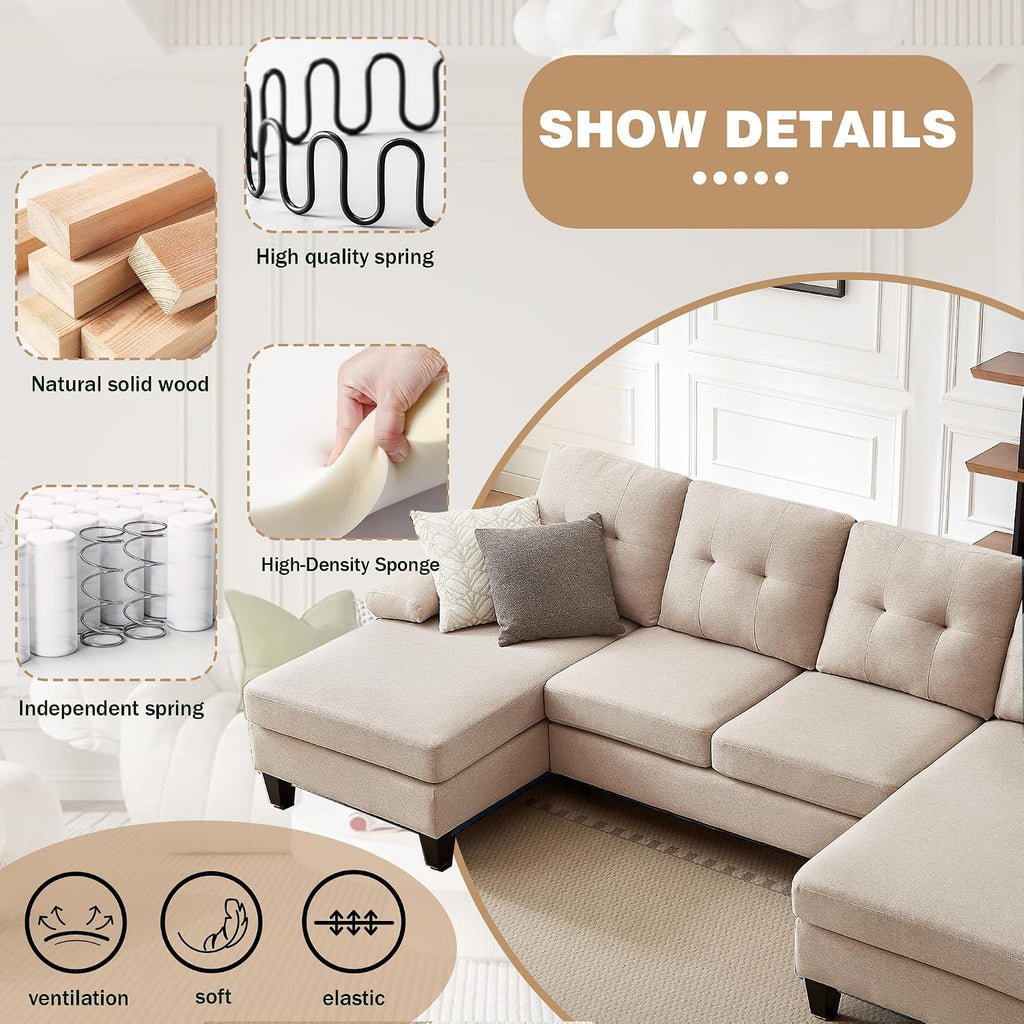 Sectional Couch for Living Room, Modern Linen Fibre U Shaped Sofa Couches with Double Chaise, Upholstered 4 Seater Sofa for Living Room, Apartment, Office, Beige