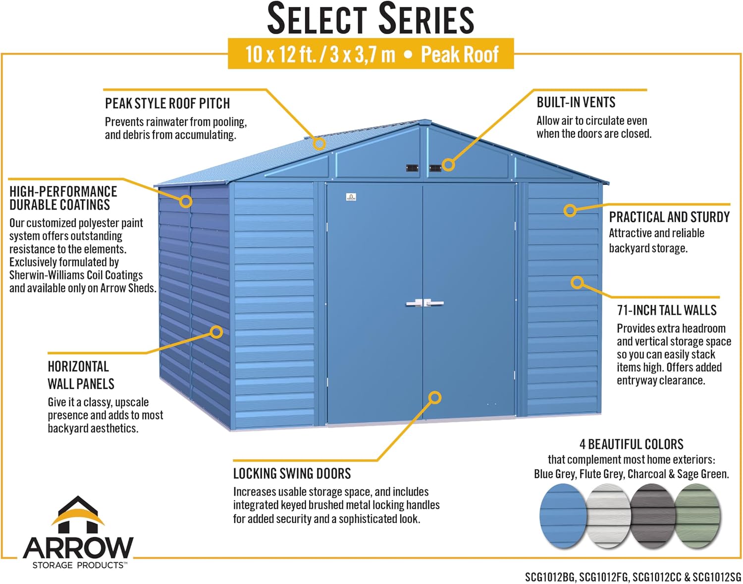 Arrow Select 10' x 12' Outdoor Lockable Steel Storage Shed Building, Flute Grey
