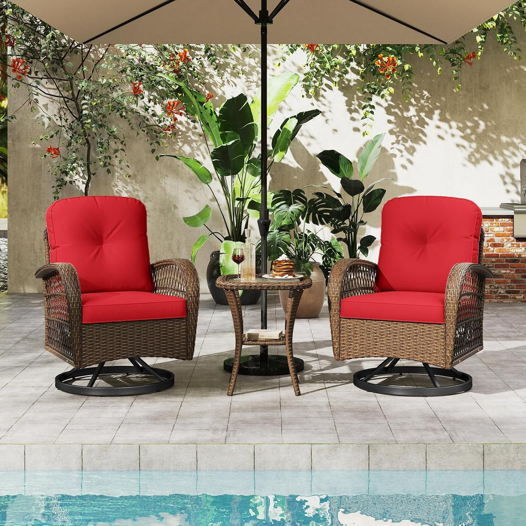 ORALNER 3 Pieces Wicker 360° Swivel Rocker Set Patio Furniture, Rocking Chairs with Cushions, Tempered Glass Coffee Table, Outdoor Rattan Bistro Set for Balcony Front Porch Deck Poolside (Red)