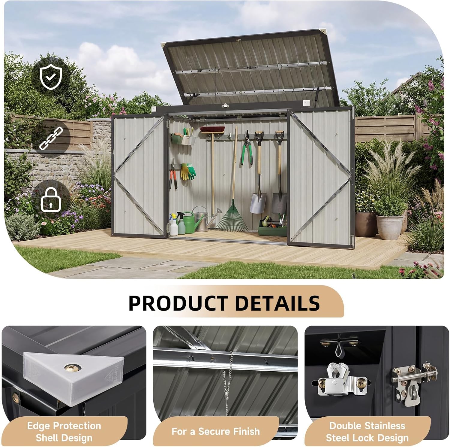 Outdoor Trash Can Storage Shed - Metal Waterproof Outdoor Garbage Can Organizer with Chain Lid, Ideal for Trash Bins, Toys, Garden Tools for Garden/Backyard/Patio