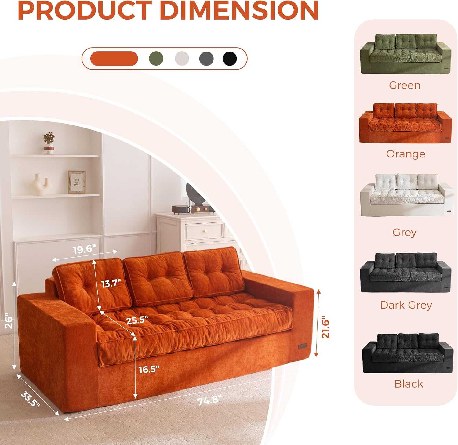 MAXYOYO Boneless Sofa Couch, 75' Oversized Loveseat Sofa, Tufted Floor Couch Bean Bag Chair for Living Room Bedroom Apartment, Sofa in a Box, No Assembly Needed, Orange