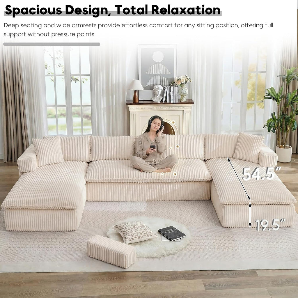 Oversized Cloud Boneless Couch with Chaise, 149' Modern U Shape Modular Deep Seat Sectional Sofa, Comfy Corduroy Upholstered Couches for Living Room, No Assembly Required, Beige White