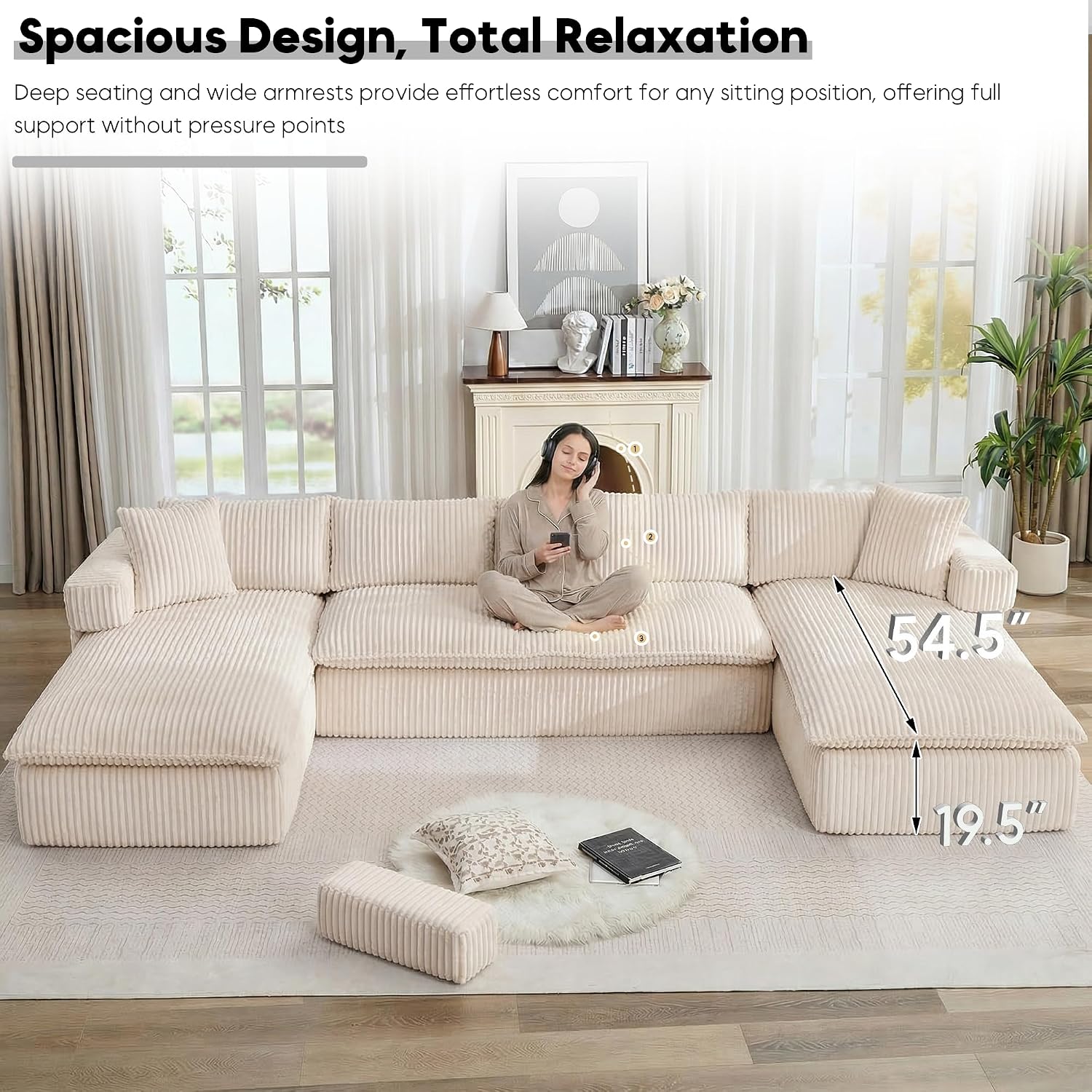 Oversized Cloud Boneless Couch with Chaise, 149' Modern U Shape Modular Deep Seat Sectional Sofa, Comfy Corduroy Upholstered Couches for Living Room, No Assembly Required, Beige White
