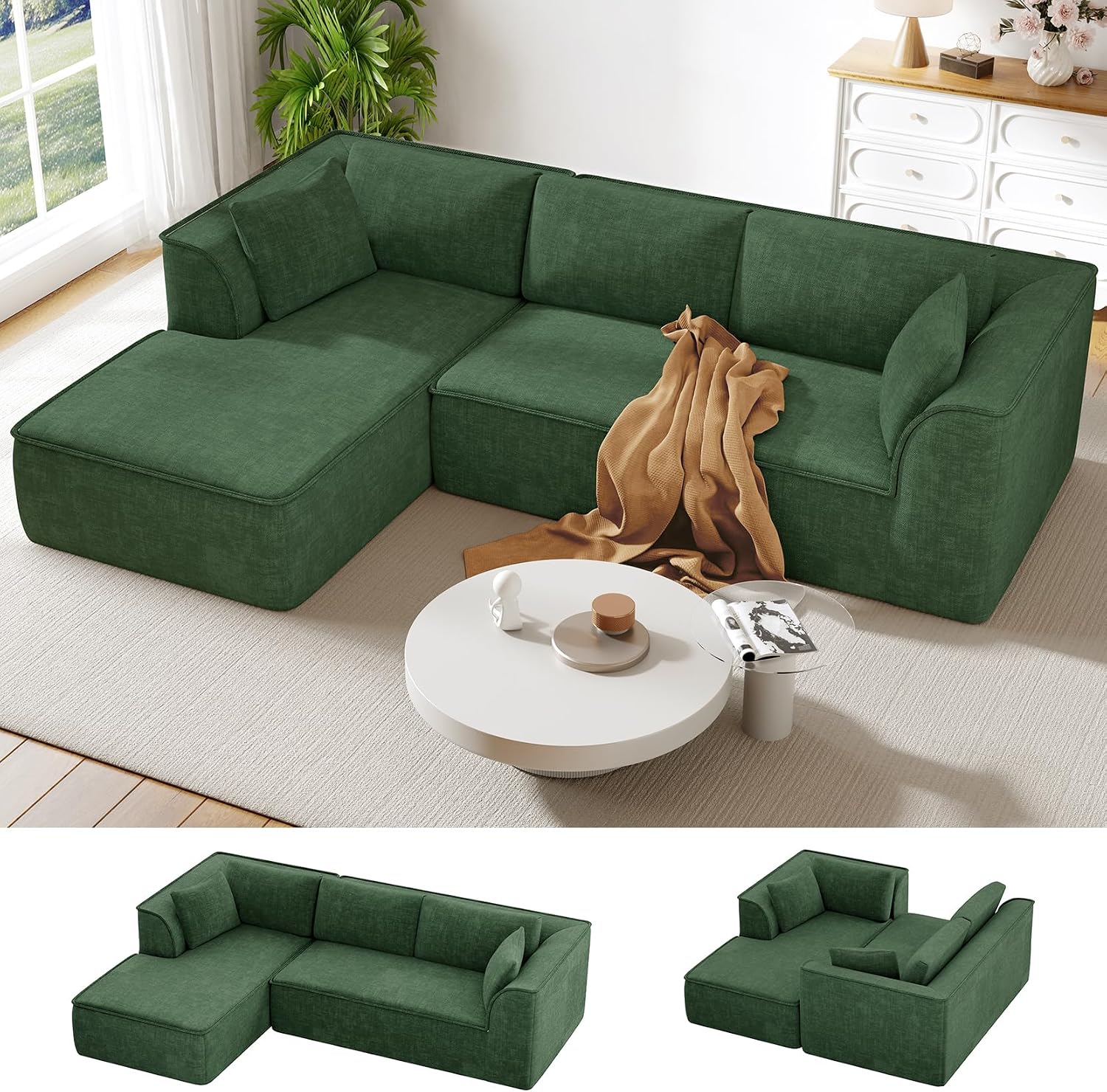 Vesgantti 106' Cloud Couch Sectional Modular Sofa, Deep Seat Comfy Cloud Couch Chenille Memory Foam Sofa Modular Couches for Living Room Bedroom, No Assembly Required (Green, Left-Facing Chaise)