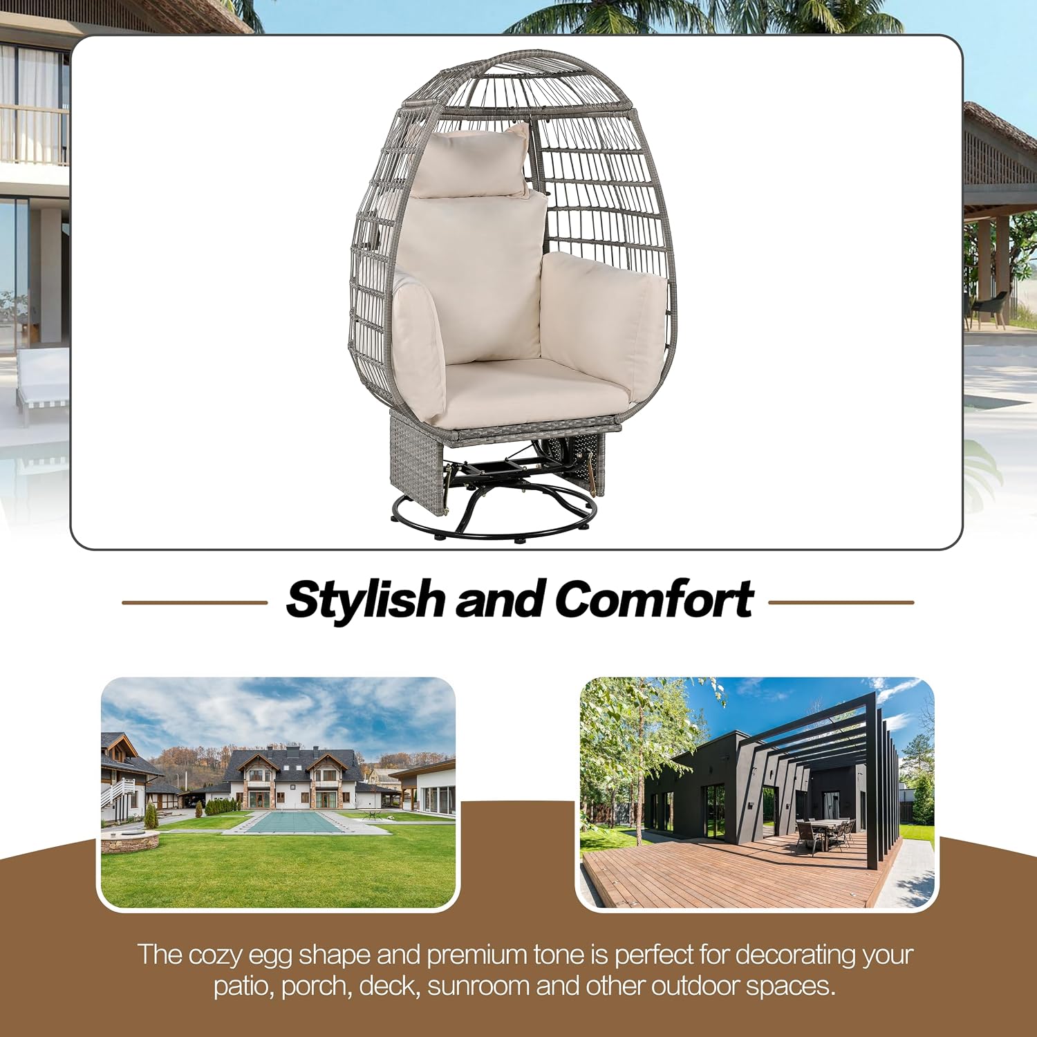 Outdoor Swivel Chair with Cushions, Rattan Egg Patio Chair with Rocking Function for Balcony, Poolside and Garden