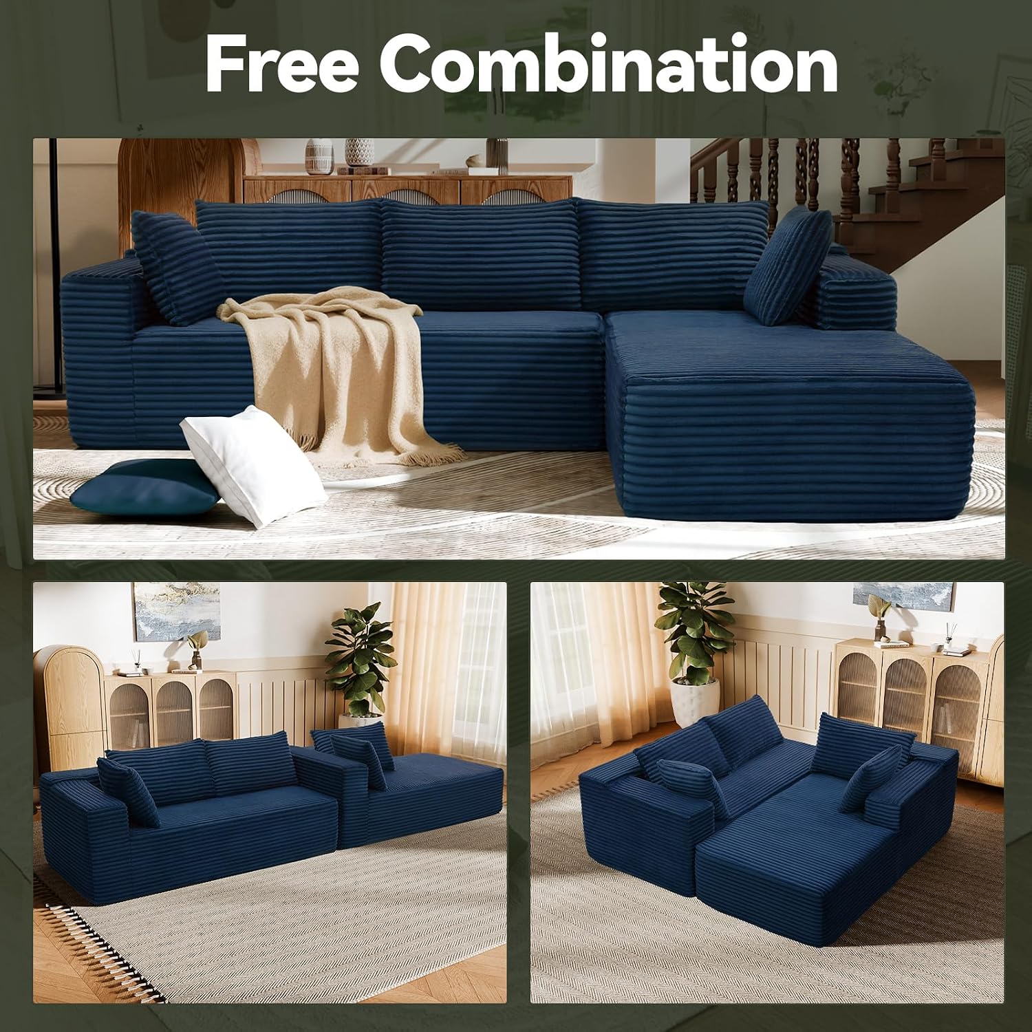 Modern Cloud Modular Sectional Sofa with Chaise, 106' L-Shaped Sofa Couch for Living Room, Deep Seat Plush Boneless Couches, Includes Pillows, Left Chaise, Blue