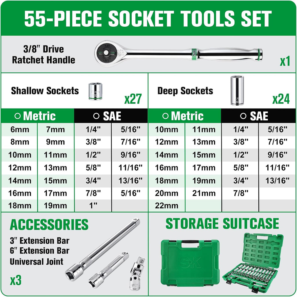 SK 3/8' Drive Socket Set with 216-P Ratchet, 55-Piece, SAE & Metric, SuperKrome Finish, Premium CR-V Construction, with Storage Suitcase