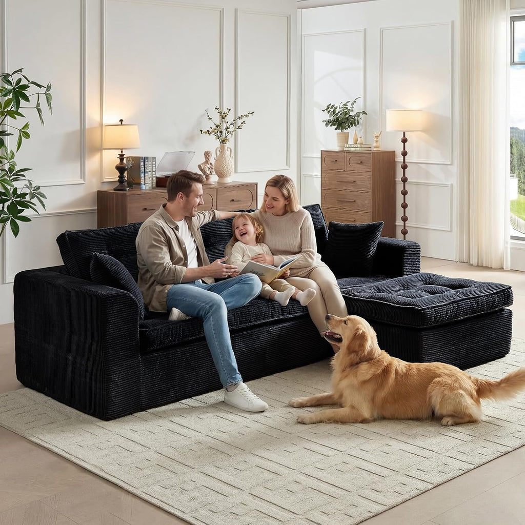 ROXGOX Cloud Couches for Living Room, Modern Modular Sectional Sofa with L-Shape Chaise, Boneless Couch with Deep Seat, Plush Corduroy, No Assembly Required (Black)