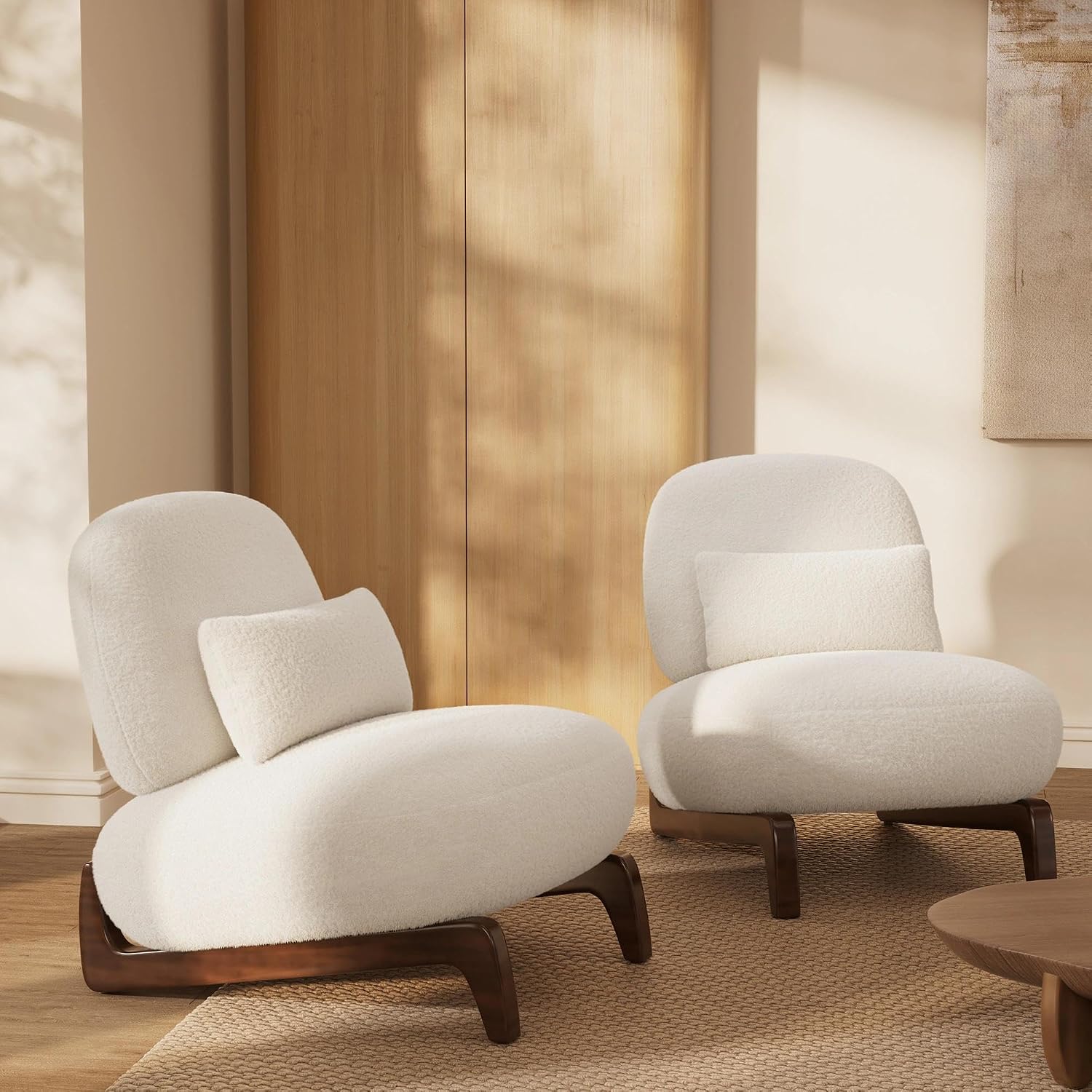 Morden Fort Modern Boucle Armless Accent Chair, Tilted Wood Legs, Thick Cushion, Lumbar Pillow, Off White, Living Room