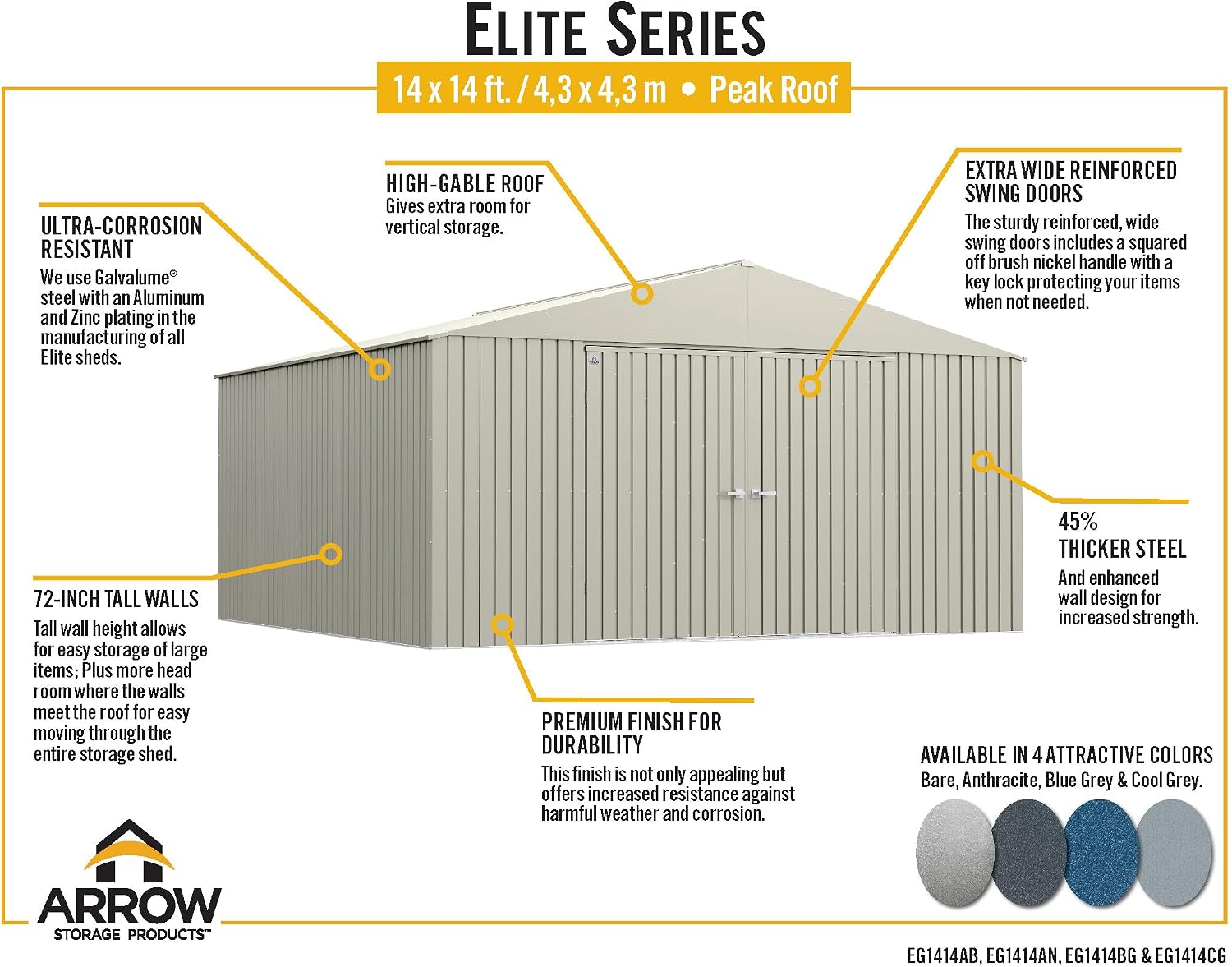 Arrow Shed Elite 14' x 14' Tall Outdoor Steel Storage Shed with High Gable and Lockable Doors Storage Building, Blue Grey