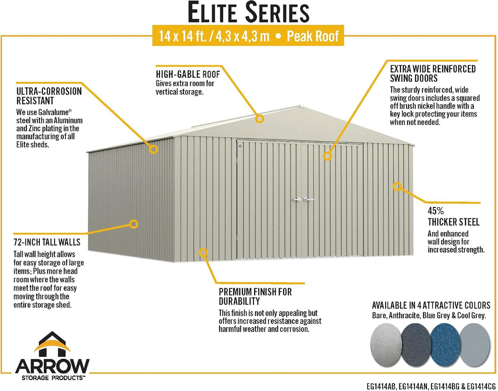 Arrow Shed Elite 14' x 14' Tall Outdoor Steel Storage Shed with High Gable and Lockable Doors Storage Building, Anthracite
