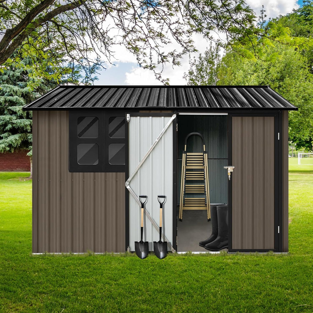 Ball & Cast 6x8 FT Metal Frame Garden Sheds with Lockable Doors and Window,Outdoor Single-Storey Roofed Storage Shed,w/Waterproof Roofs,for Storing Bicycles,Lawnmowers,Barbeques,Brown