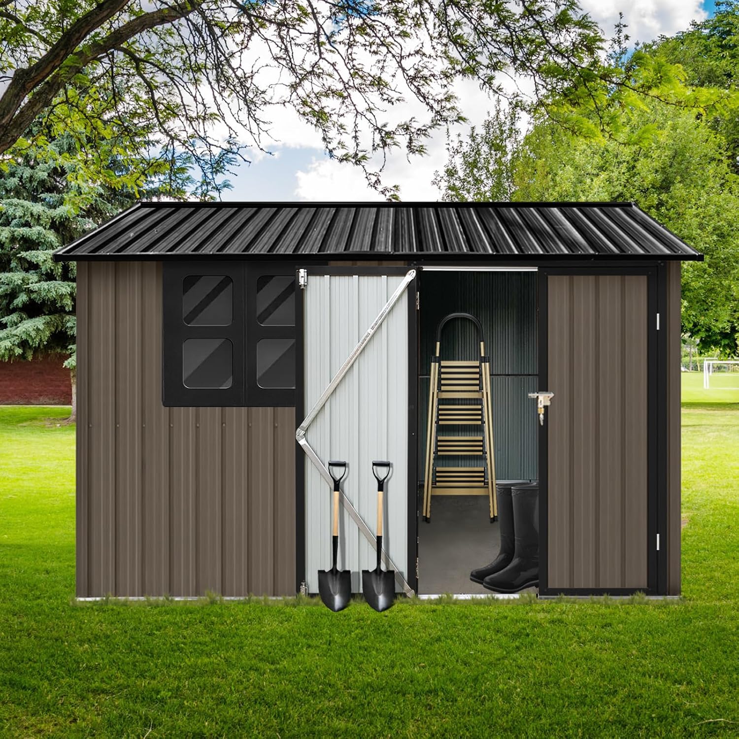 Ball & Cast 6x8 FT Metal Frame Garden Sheds with Lockable Doors and Window,Outdoor Single-Storey Roofed Storage Shed,w/Waterproof Roofs,for Storing Bicycles,Lawnmowers,Barbeques,Brown