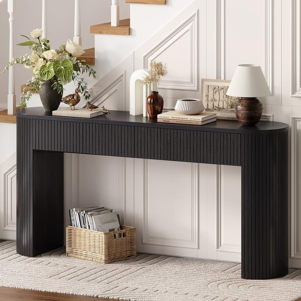 63 Inch Console Table with 2 Drawers, Fluted Entryway Tables with Storage, Sofa Table Behind The Couch, Hallway Tables, Mid-Century Modern Foyer Table for Entryway, Hallway, Living Room, Black