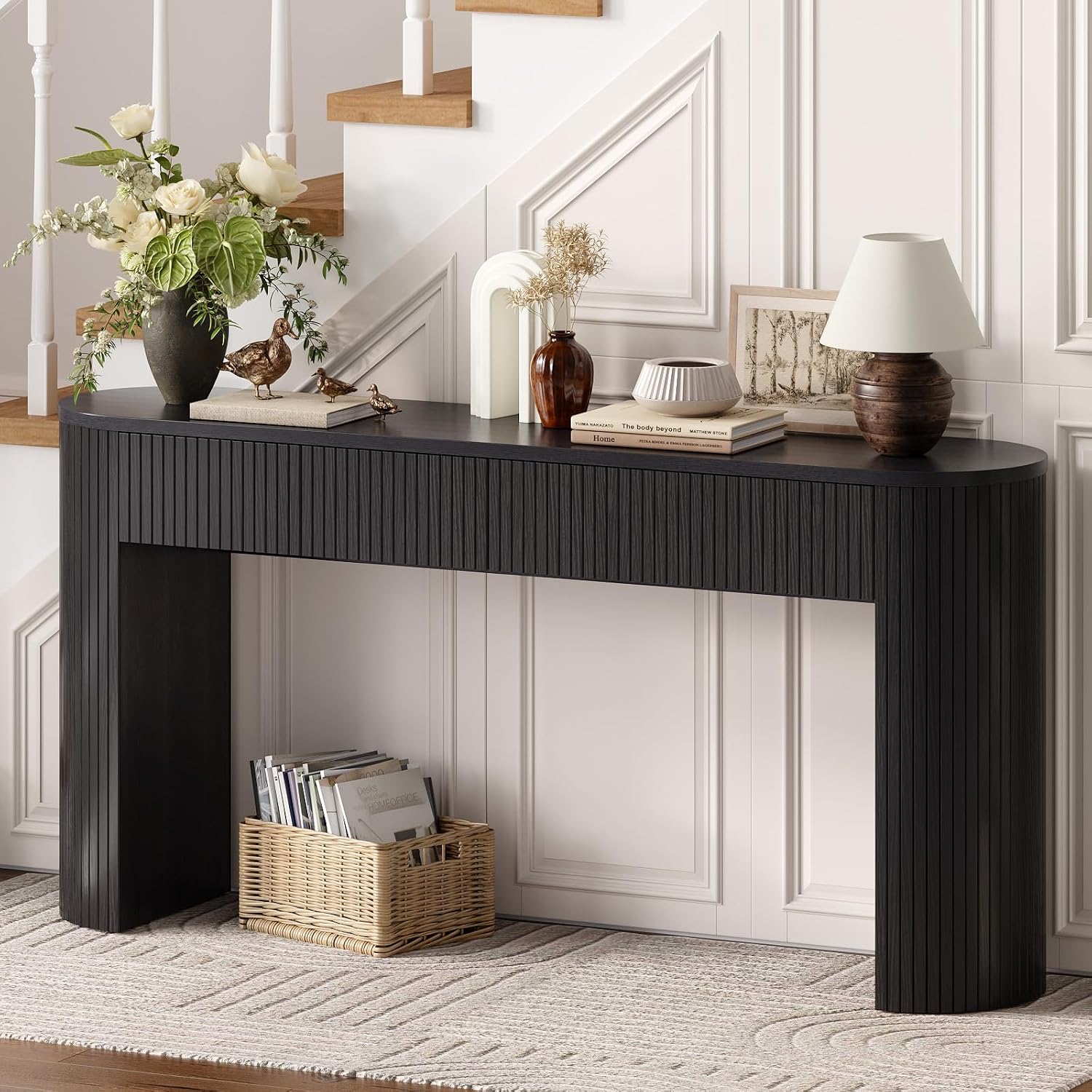 63 Inch Console Table with 2 Drawers, Fluted Entryway Tables with Storage, Sofa Table Behind The Couch, Hallway Tables, Mid-Century Modern Foyer Table for Entryway, Hallway, Living Room, Black
