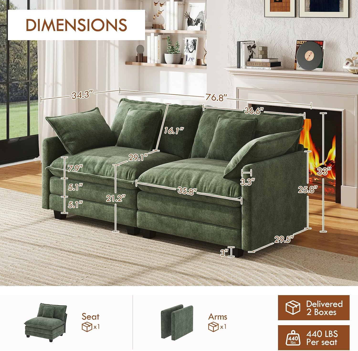 WorthFurni 77 Inch Cloud Sofa Loveseat, Comfy Sectional Couch, 2-Seater Chenille Deep Seat Sofa with Throw Pillows for Living Room Bedroom Apartment (Green)