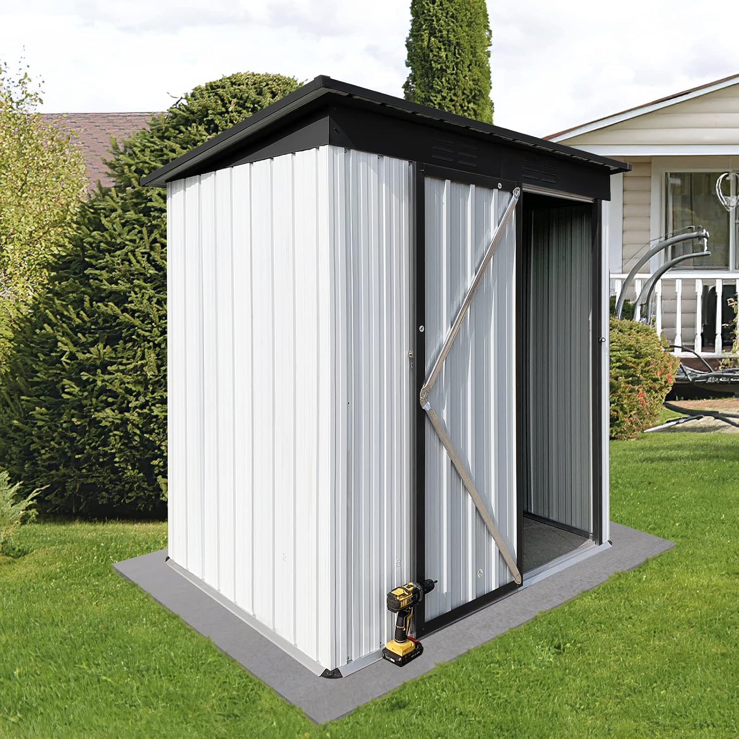 Ritsu 5Ft x 3Ft Outdoor Metal Garden Shed, Steel Garden Storage Shed with Single Lockable Door & Vents, Waterproof Anti-Corrosion Tool Storage Clearance for Backyard Patio Lawn, White+Black