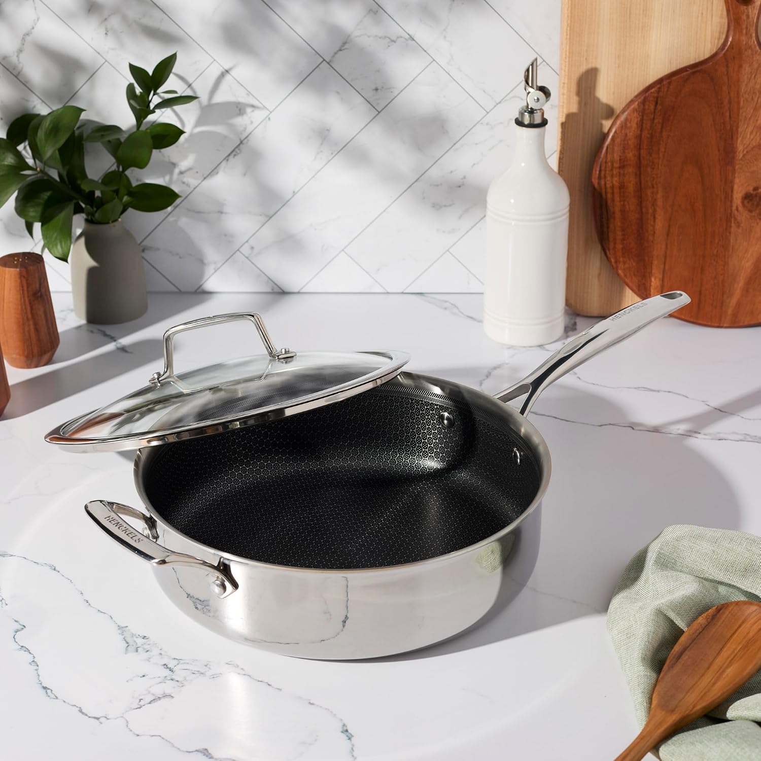 HENCKELS Paradigm 4-qt Saute Pan with Lid, Stainless Steel Nonstick Deep Saute Pan with Helper Handle, 3-Ply Clad Base for Induction Cooktop, Oven & Dishwasher Safe