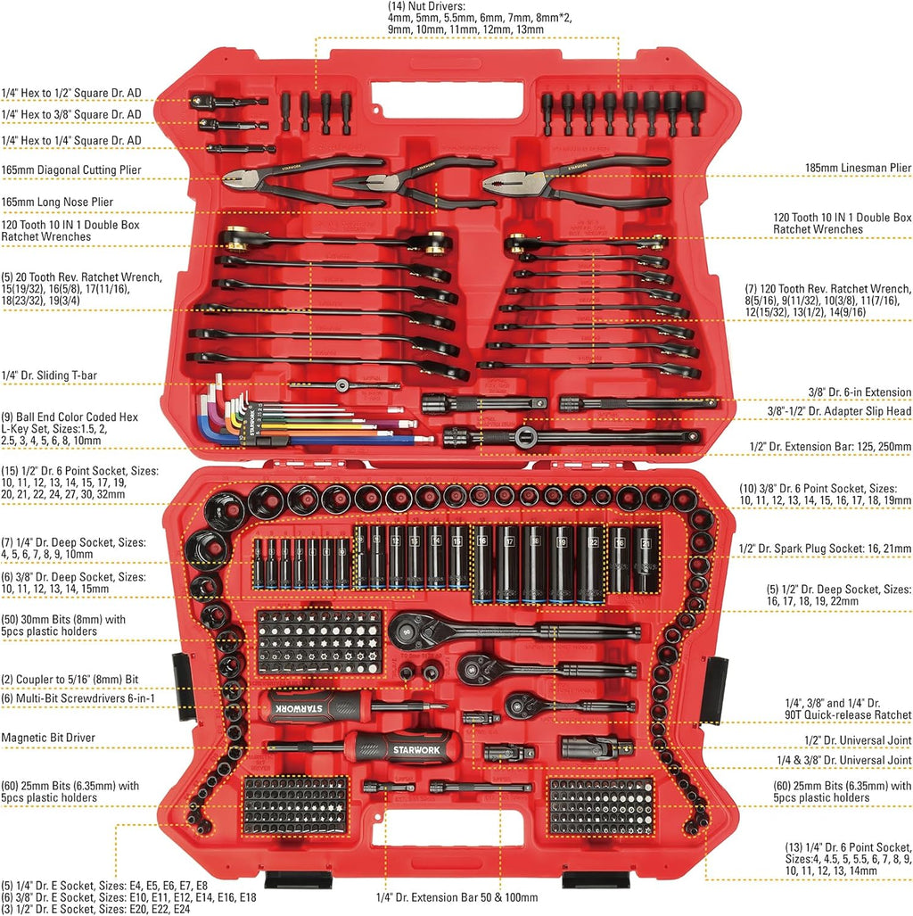 STARWORK TRUE MECHANIC™ 305-Piece Mechanics Tool Set with 120-Tooth Reversible Ratcheting Wrench Set, 1/4', 3/8', 1/2' Drive, Professional Metric Set