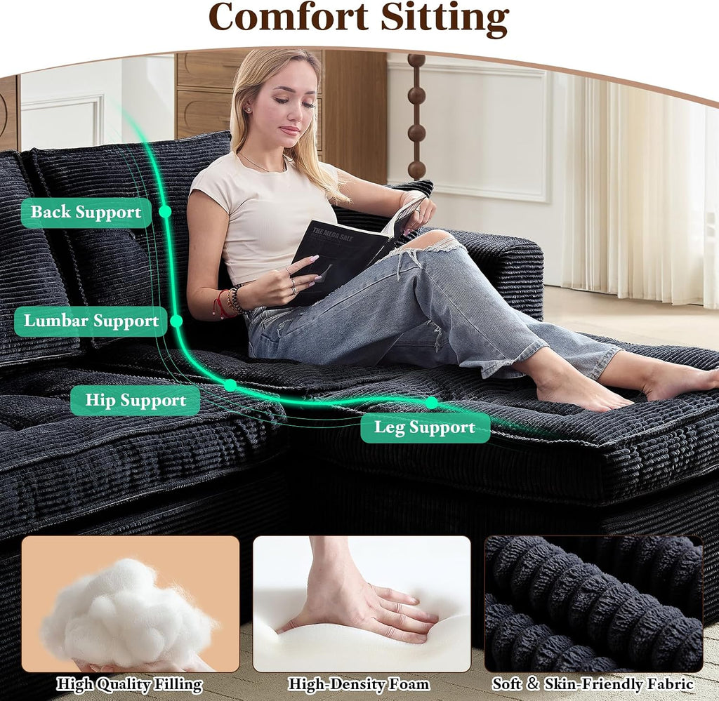 ROXGOX Cloud Couches for Living Room, Modern Modular Sectional Sofa with L-Shape Chaise, Boneless Couch with Deep Seat, Plush Corduroy, No Assembly Required (Black)