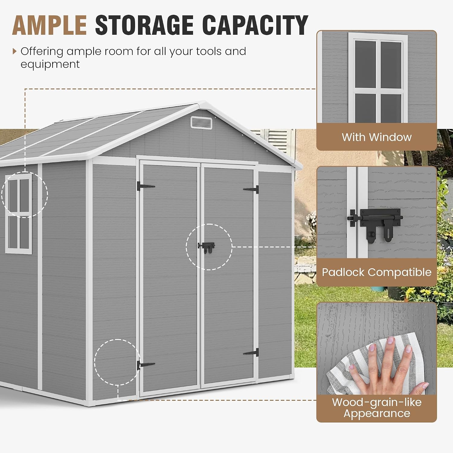 Outdoor Storage Shed, 8x6 FT Resin Shed with Floor Included and Lockable Door, Window & Vents, Tool Sheds, Outdoor Storage for Bike, Garden Accessories, Tools, Waterproof