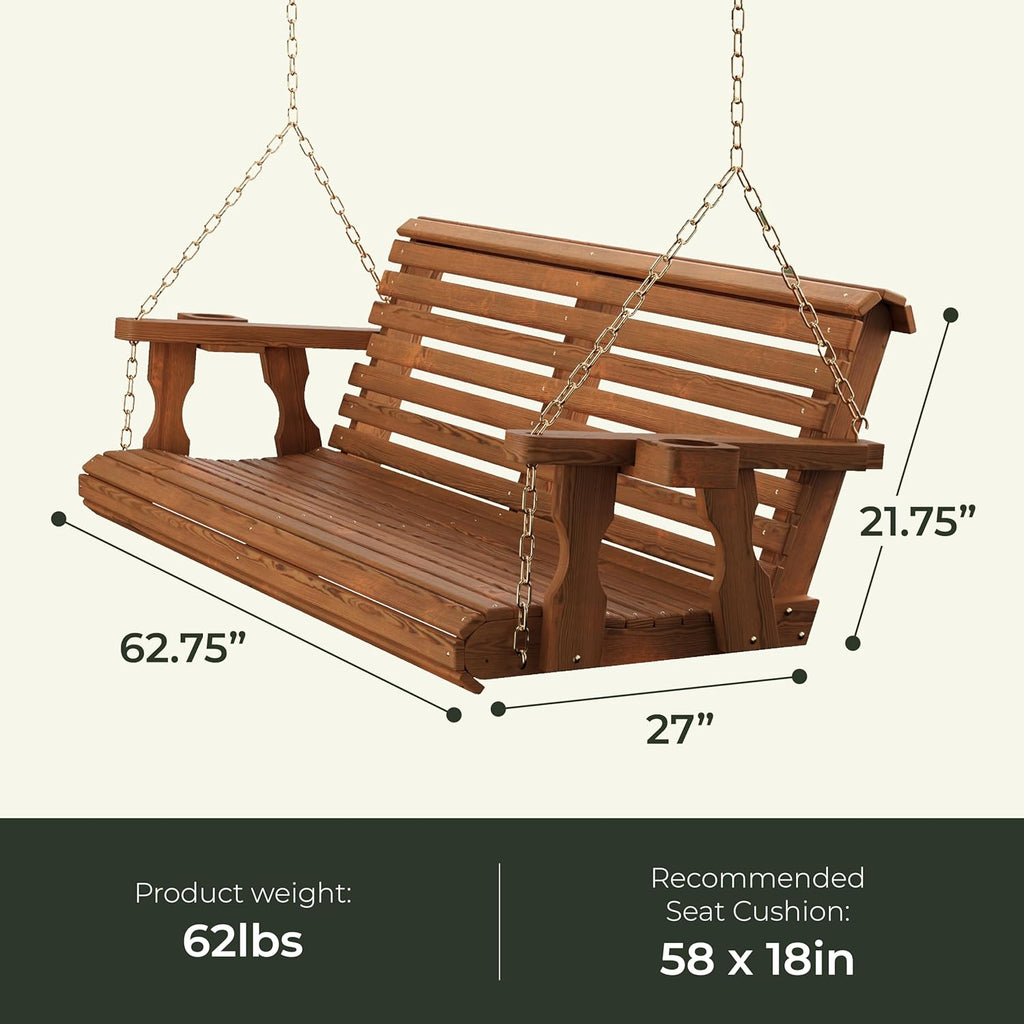 Amish Casual Heavy Duty 700 Lb Capacity Porch Swing with Cup Holders (5 Foot, Oak Stain) – Wooden Outdoor Roll Back Swing with Hanging Chains – Amish Made in the USA