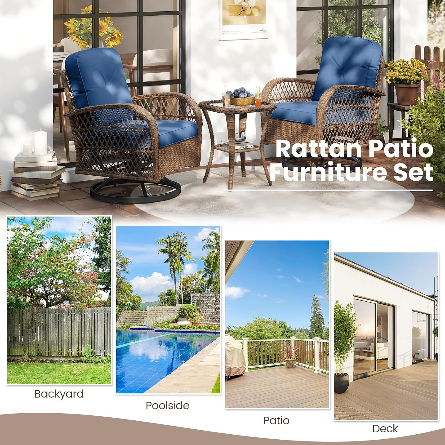ORALNER 3 Pieces Wicker 360° Swivel Rocker Set Patio Furniture, Rocking Chairs with Cushions, Tempered Glass Coffee Table, Outdoor Rattan Bistro Set for Balcony Front Porch Deck Poolside (Navy)