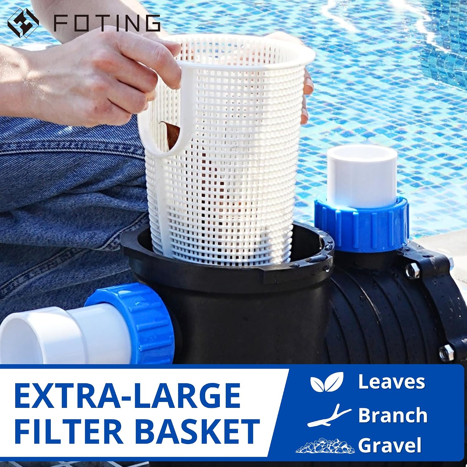 FOTING In/Above Ground Pool Pump, Self Primming Pool Pump High Flow 1.5' & 2' NPT Inlet Connectors, Blue