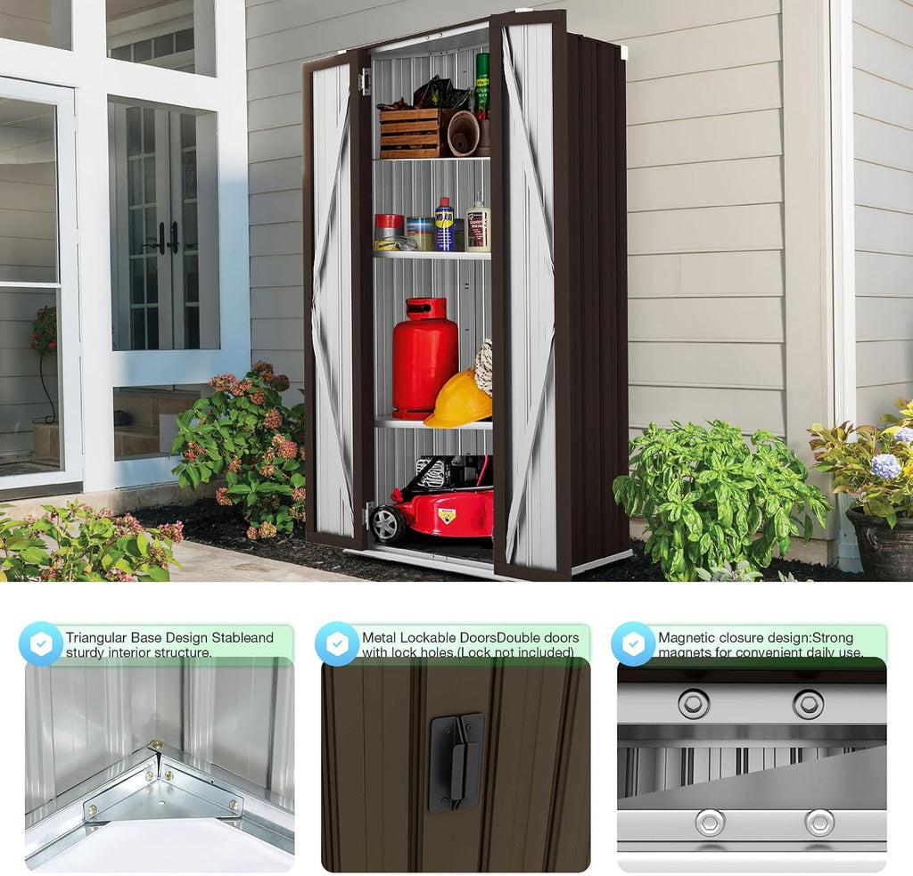 AECOJOY Outdoor Storage Cabinet Waterproof with Adjustable Shelves, Vertical Tall Garden Tool Cabinet, Sheds & Outdoor Storage Clearance Cabinet Weatherproof for Outside or Indoor in Brown