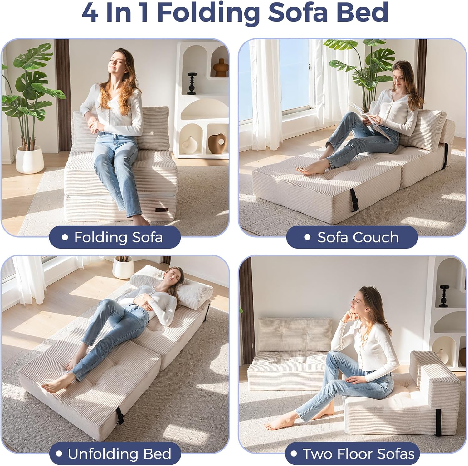 MAXYOYO Folding Sofa Bed, Convertible Sofa Bed with High-Density Support Foam, Portable 4 in 1 Fold Out Chair to Floor Lounger, Versatile Floor Couch for Living Room Bedroom, Beige