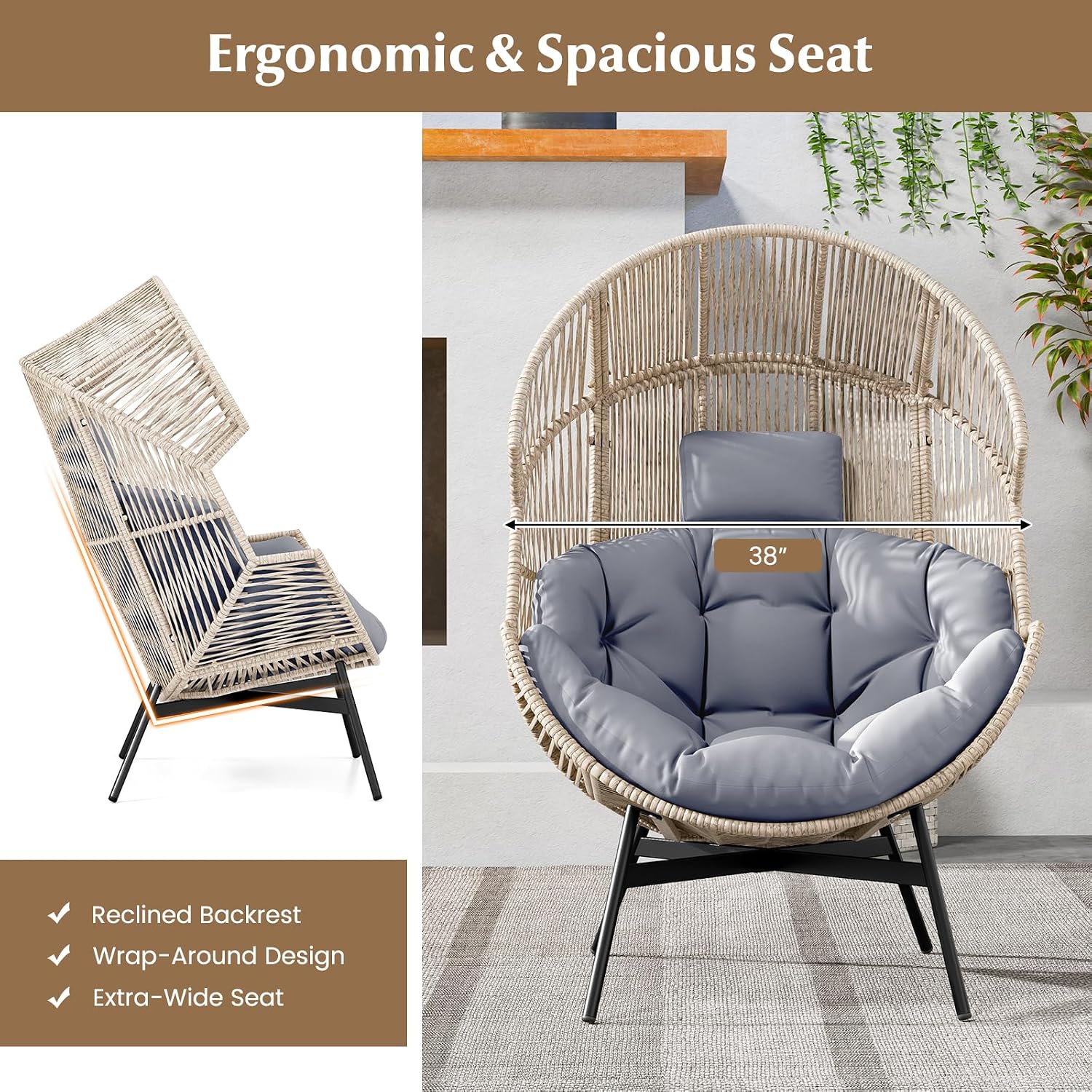 Tangkula Oversized Egg Style Chair, Wicker Stationary Patio Egg Chair w/Cushions & Headrest, Heavy-Duty Metal Frame, Patio Lounge Basket Sofa Chair for Yard, Porch, Living Room