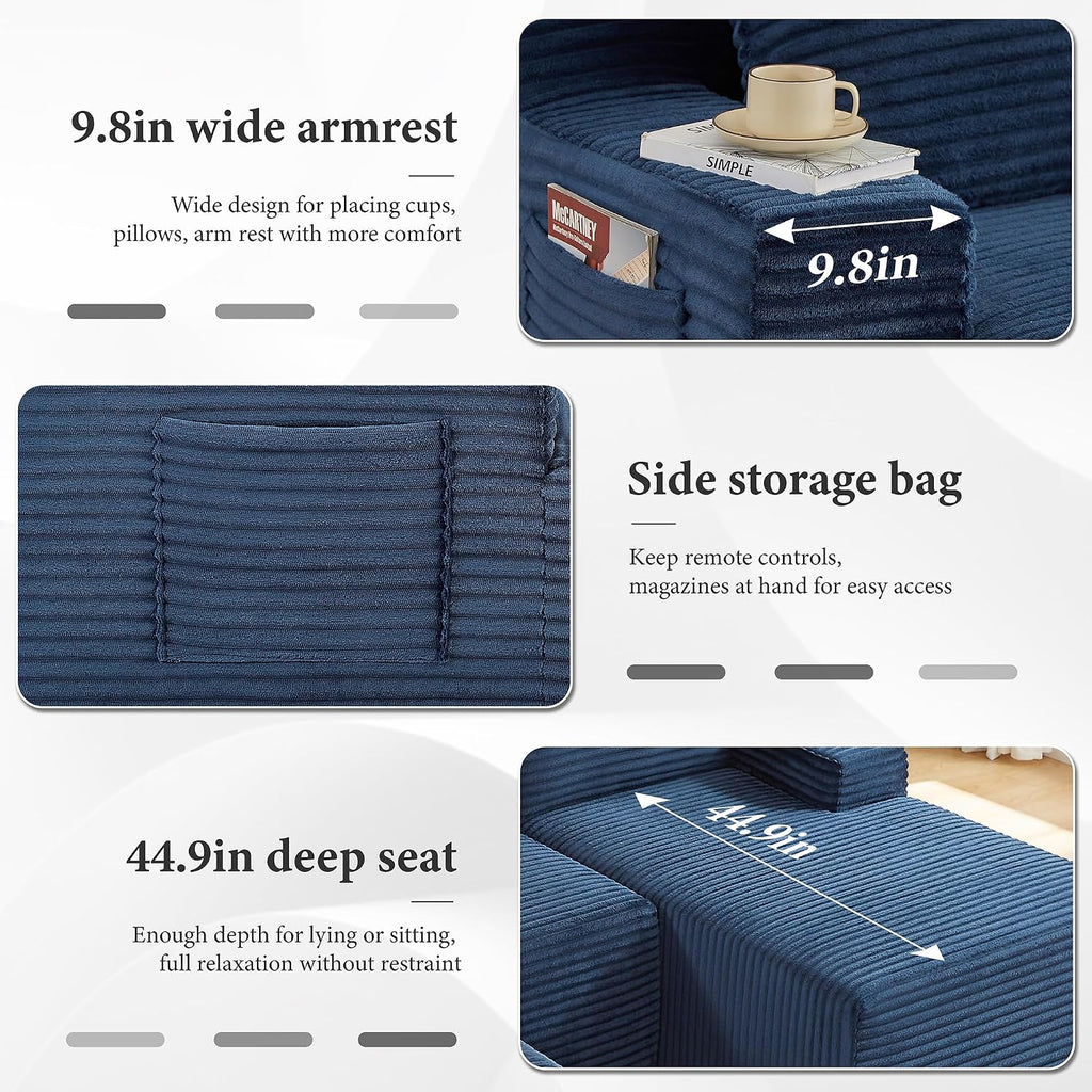 96' Sectional Couches for Living Room Cloud Couch Sofa with L-Shape Upholstered Boneless Couchs Modern Modular Sectional Couch with Chaise (Bule, 96' W+Left Facing Chaise+2Seaters+Ottoman)