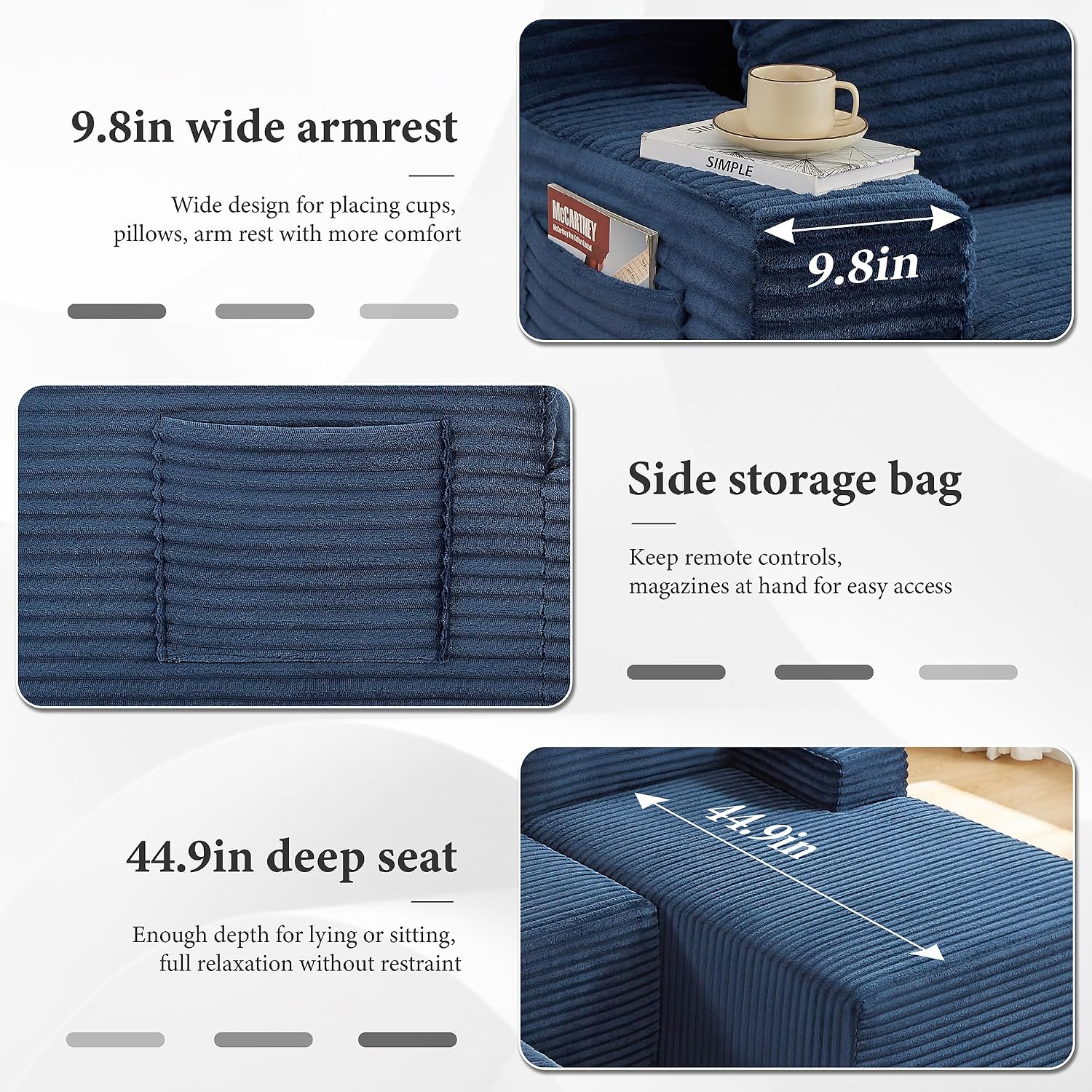 96' Sectional Couches for Living Room Cloud Couch Sofa with L-Shape Upholstered Boneless Couchs Modern Modular Sectional Couch with Chaise (Bule, 96' W+Left Facing Chaise+2Seaters+Ottoman)