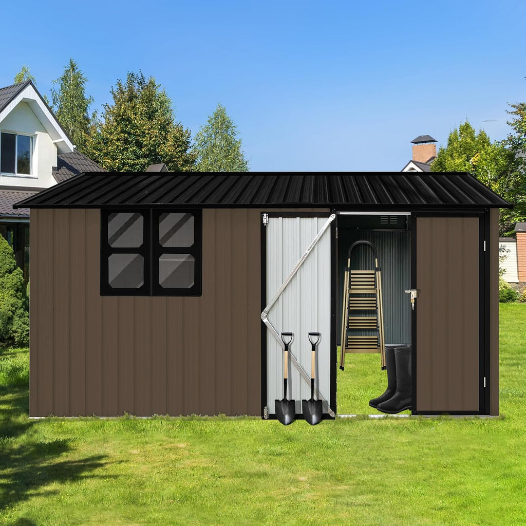 10x12 FT Outdoor Storage Shed, Large Metal Garden Shed with 4-pane Window, Outside Tool Shed with Lockable Hinged Door & 4 Air Vents, Waterproof Storage Building for Backyard, Patio, Lawn, Brown+Black