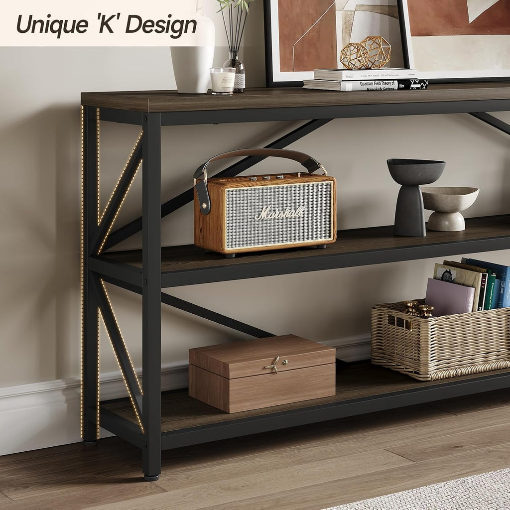 ONBRILL Industrial Console Sofa Table,70.8 Inch Extra Long Entryway Table with 3 Tier Wood Storage Shelf for Living Room, Hallway, Entrance, Narrow Sofa Table with Metal Frame, Black and Brown