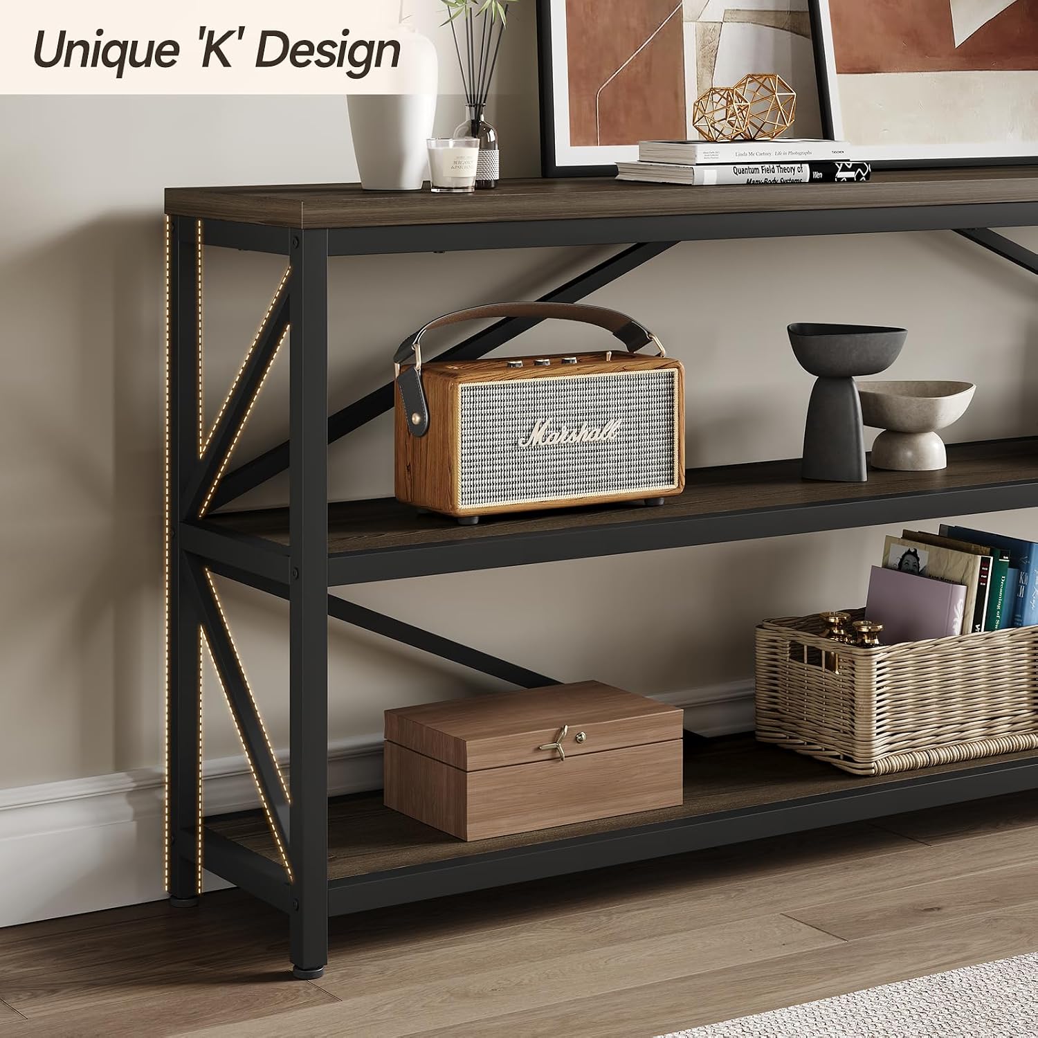 ONBRILL Industrial Console Sofa Table,70.8 Inch Extra Long Entryway Table with 3 Tier Wood Storage Shelf for Living Room, Hallway, Entrance, Narrow Sofa Table with Metal Frame, Black and Brown