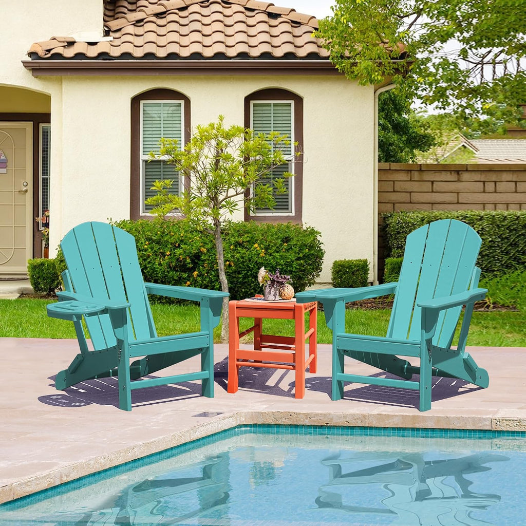 FOOWIN Folding Adirondack Chair, HDPE Adirondack Chairs with Cup Holder, Weather Resistant Plastic Fire Pit Chairs for Outdoor, Patio, Lawn, Garden, Backyard, Deck, Lake Blue