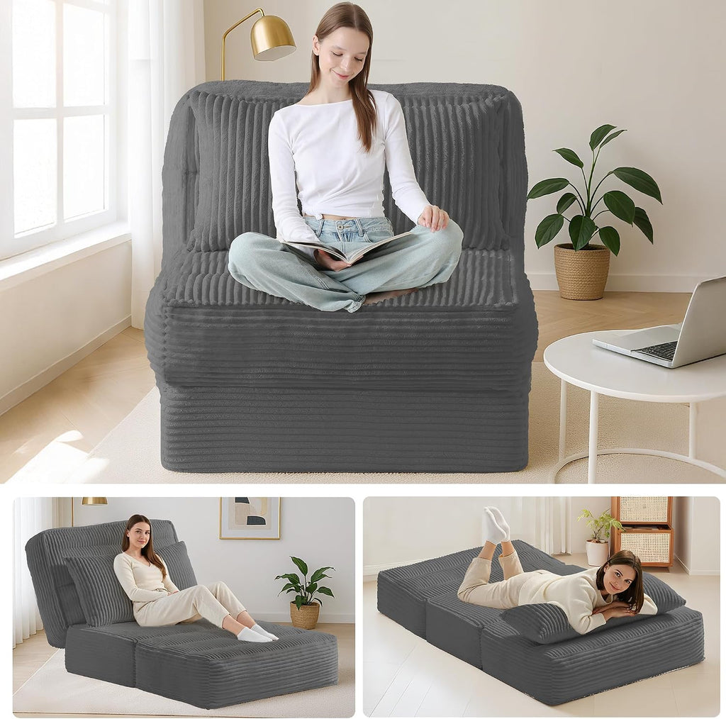 Single Convertible Sofa Bed with Fixed Frame & Thickened Cushion, Boneless Couch Folding Chair Bed with 5-Position Adjustable Backrest, Pull-Out Futon with Pillow for Small Spaces, Apartment,Grey